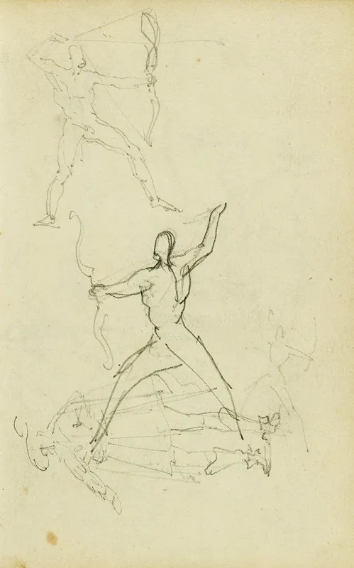 Three Studies Of A Nude Man With Bow And Arrow Standing Cavalier Wall Art by Théodore Géricault - High-Resolution Digital Print