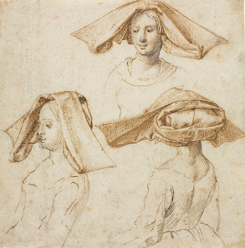Three Studies Of A Woman Wearing An Elaborate Headdress Wall Art by Peter Paul Rubens - High-Resolution Digital Print