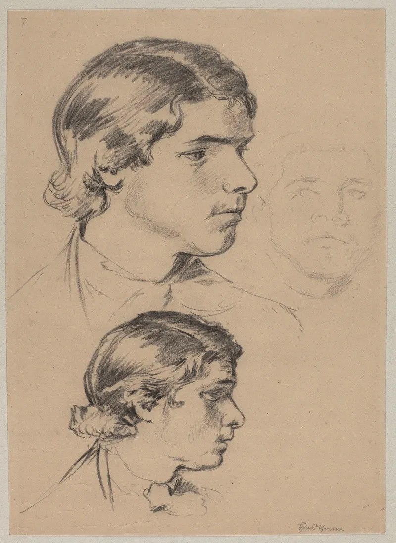Three Studies Of Young Mans Head Wall Art by Hans Thoma - High-Resolution Digital Print