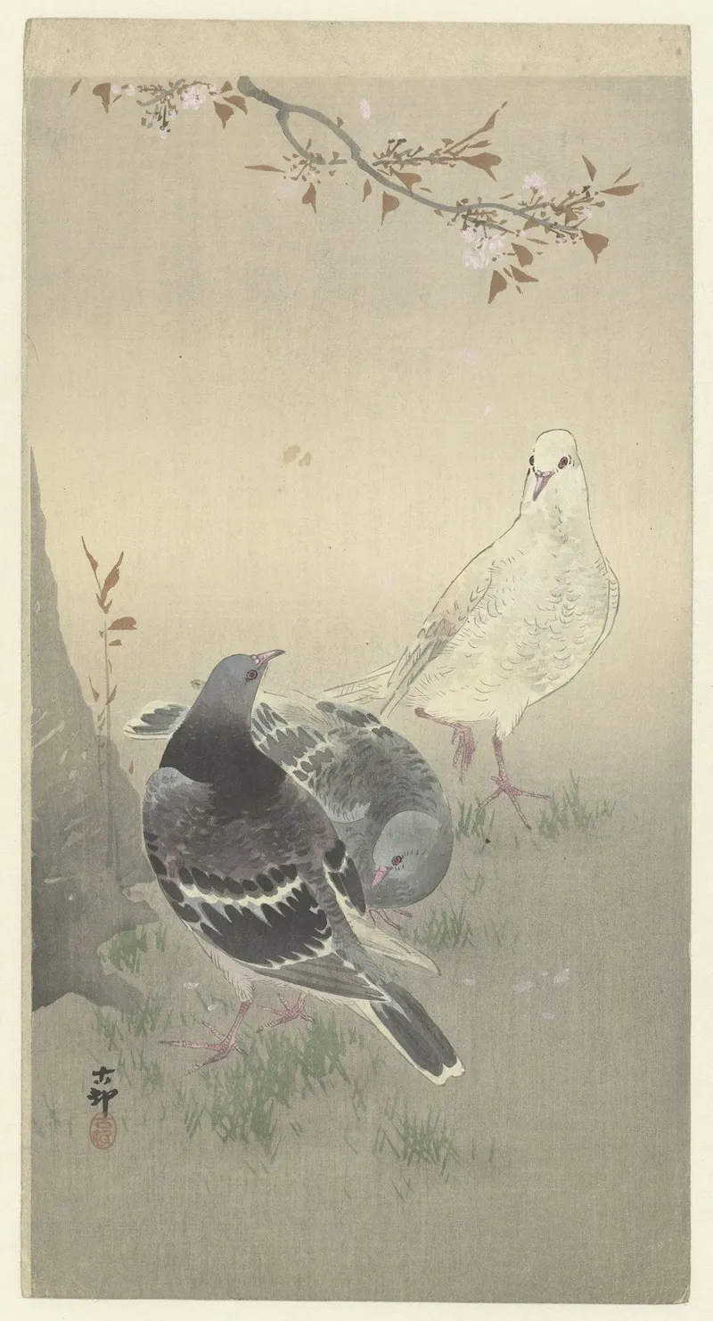 Three Tame Pigeons Wall Art by Ohara Koson - High-Resolution Digital Print