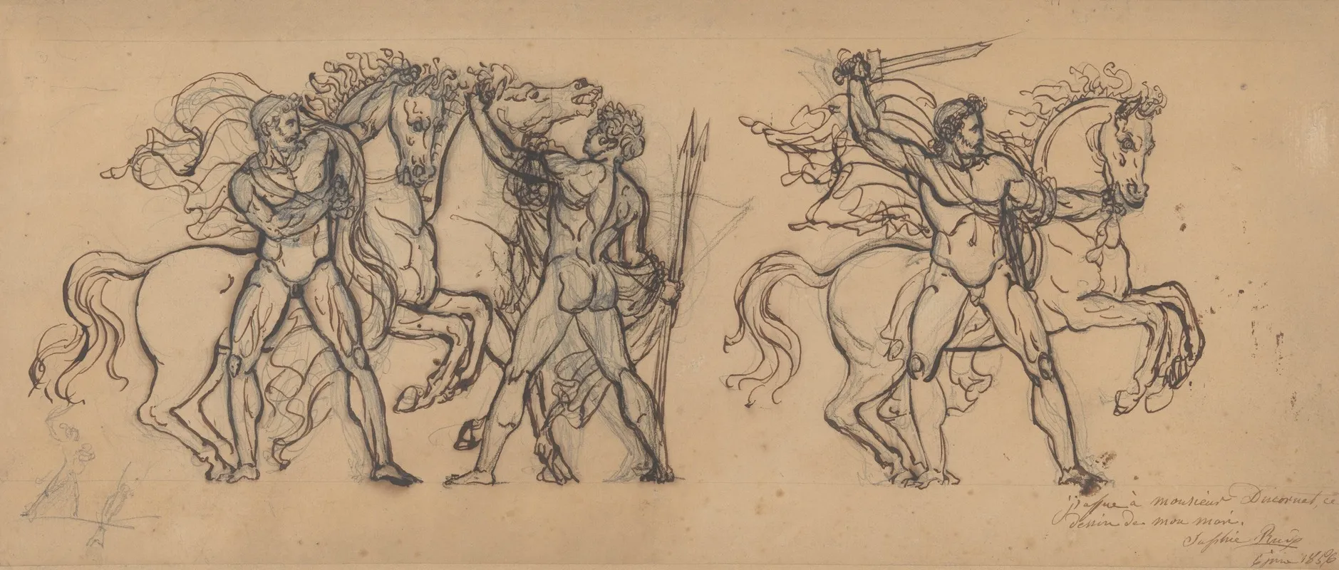 Three Warriors And Their Horses Study For A Bas Relief Sculpture In The Chateau De Tervueren Wall Art by François Rude - High-Resolution Digital Print