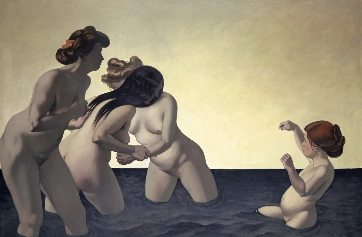 Three Women And One Little Girl Playing In The Water