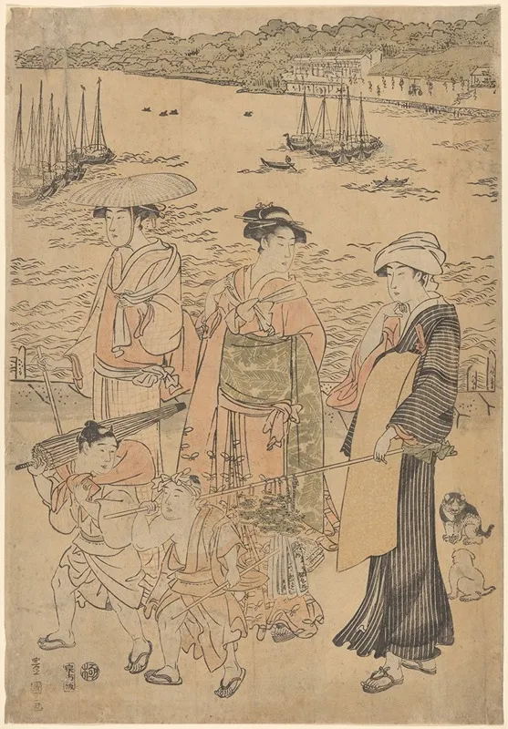 Three Women And Two Children By The Water Ships In Background Wall Art by Toyokuni Utagawa - High-Resolution Digital Print