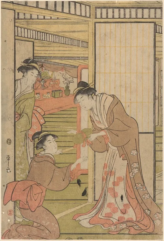 Three Women At Open Door Wall Art by Eishi Hosoda - High-Resolution Digital Print