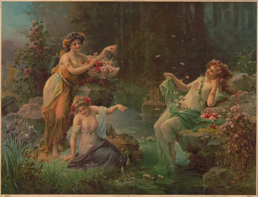 Three Women In Draped Fabric With Flowers And Butterflies Wall Art by Kunstanstalten A.G. - High-Resolution Digital Print