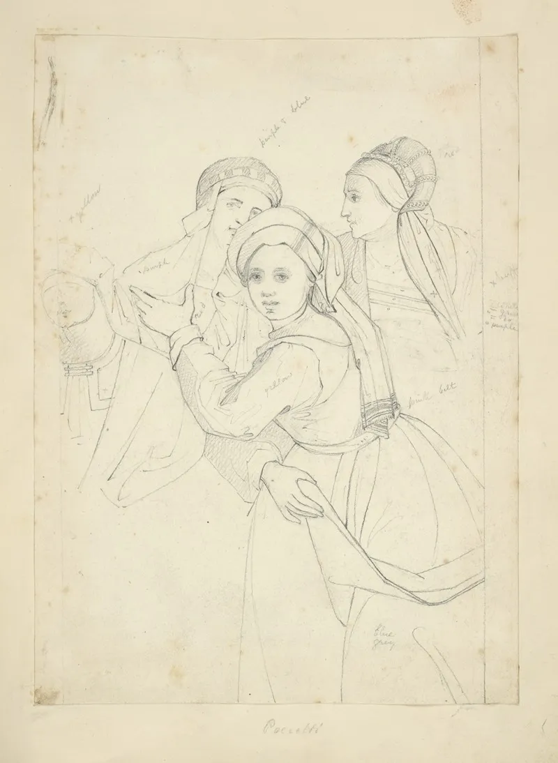 Three Women In Hats With Trains Viewed Half Length A Fourth Figure Partially Sketched
