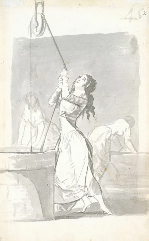 Three Women One In The Foreground Drawing Water From A Well Two In The Background Washing
