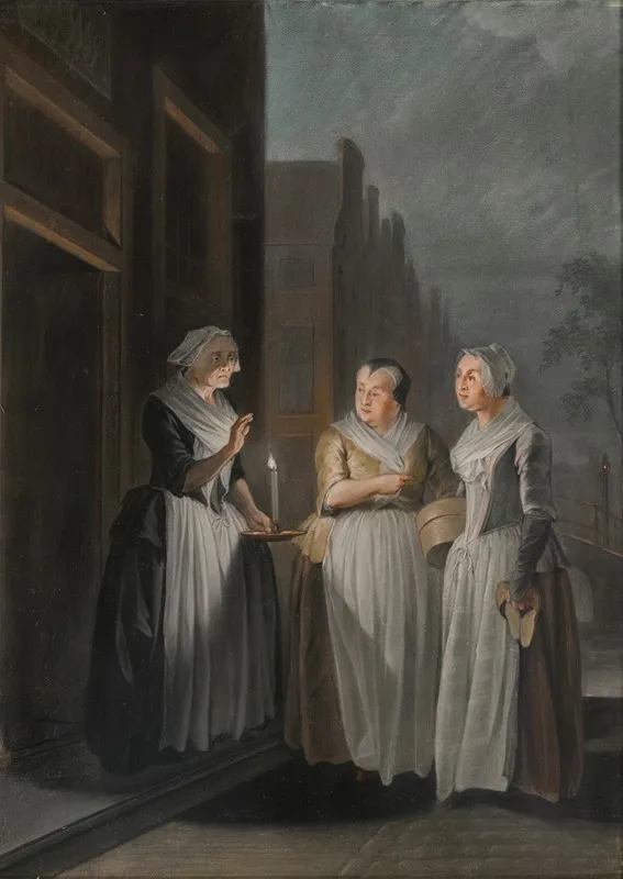 Three Women Talking At Night In A Dutch City One Holding A Candle Wall Art by Jacobus Buys - High-Resolution Digital Print