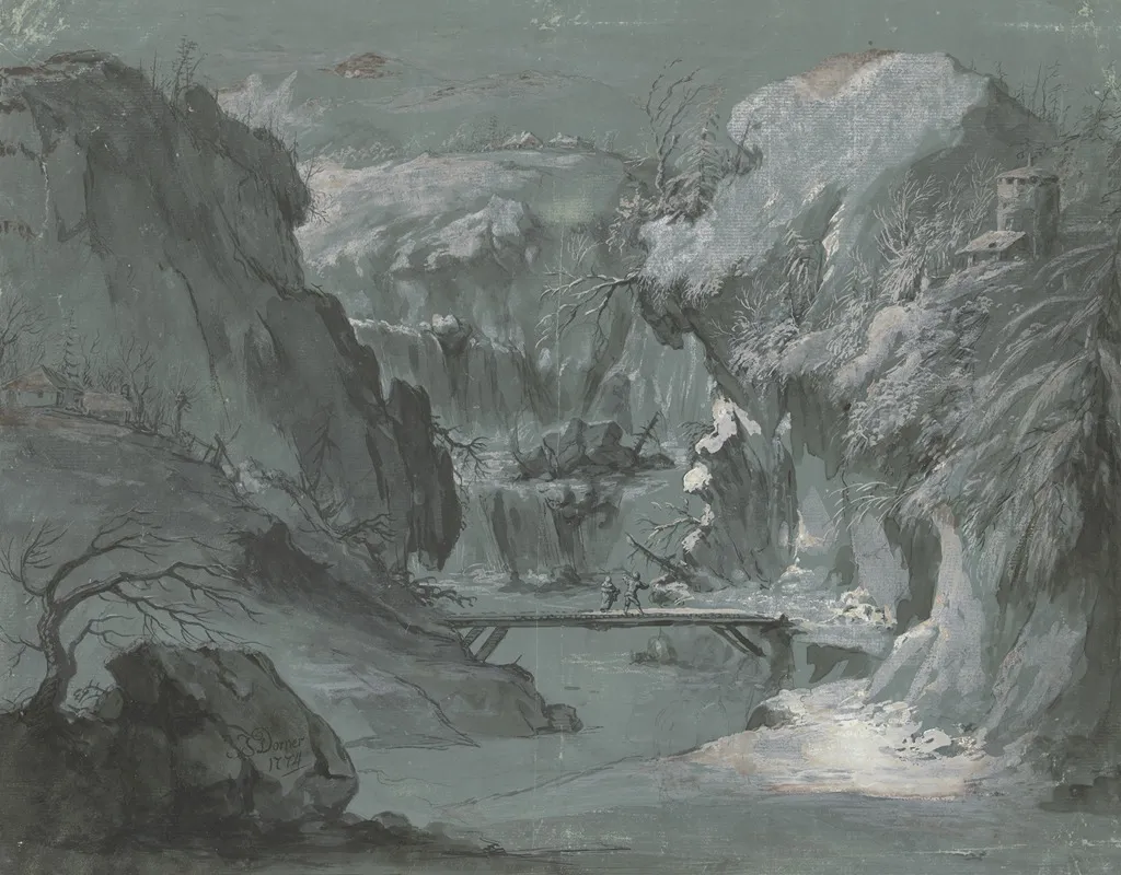 Tiefe Gebirgsschlucht Mit Einem Wasserfall In Der Mitte Ein Steg Uber Den Zwei Personen Gehen Wall Art by Johann Jakob Dorner the Elder - High-Resolution Digital Print