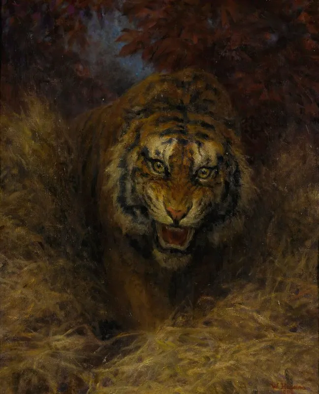 Tiger In The Grass Wall Art by William Huggins - High-Resolution Digital Print