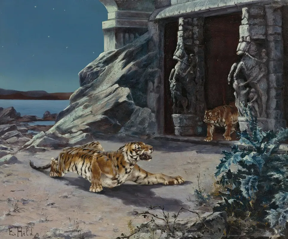 Tigers At A Temple Entrance Wall Art by E. Baily Hilda - High-Resolution Digital Print