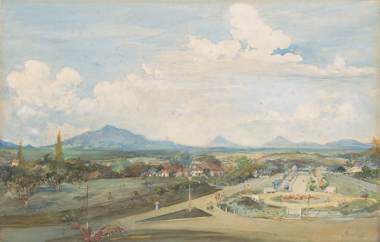 Tillemaplein Te Semarang Met Op De Achtergrond De Vulkanen Sindoro En Soembing Wall Art by Frans Bakker - High-Resolution Digital Print