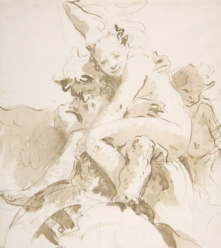Time Holding A Nude Woman A Putto At Right Wall Art by Giovanni Battista Tiepolo - High-Resolution Digital Print