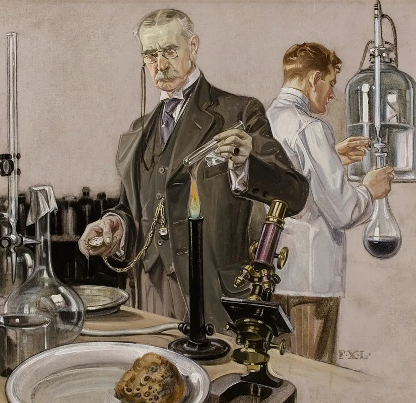 Timing An Experiment Howard Watch Ad Illustration Wall Art by Frank Xavier Leyendecker - High-Resolution Digital Print