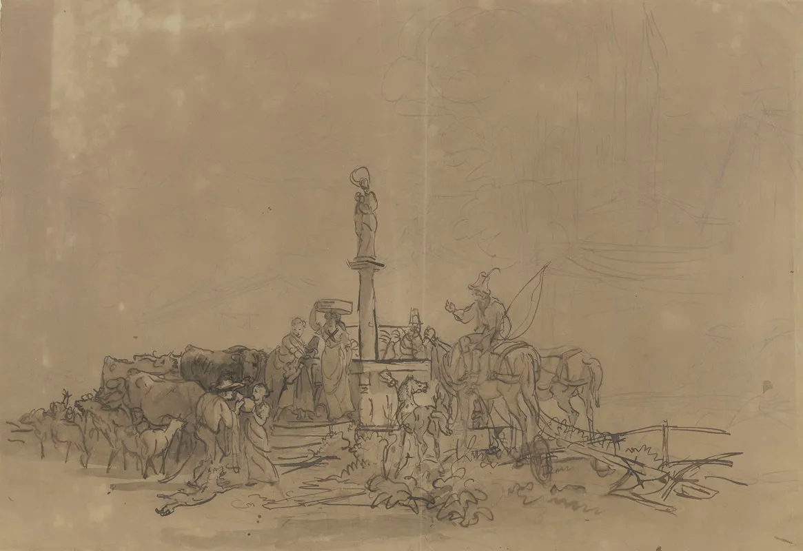 Tiroler Dorfbevolkerung Und Tiere Um Einen Brunnen Mit Dem Standbild Der Jungfrau Maria Wall Art by Friedrich Gauermann - High-Resolution Digital Print