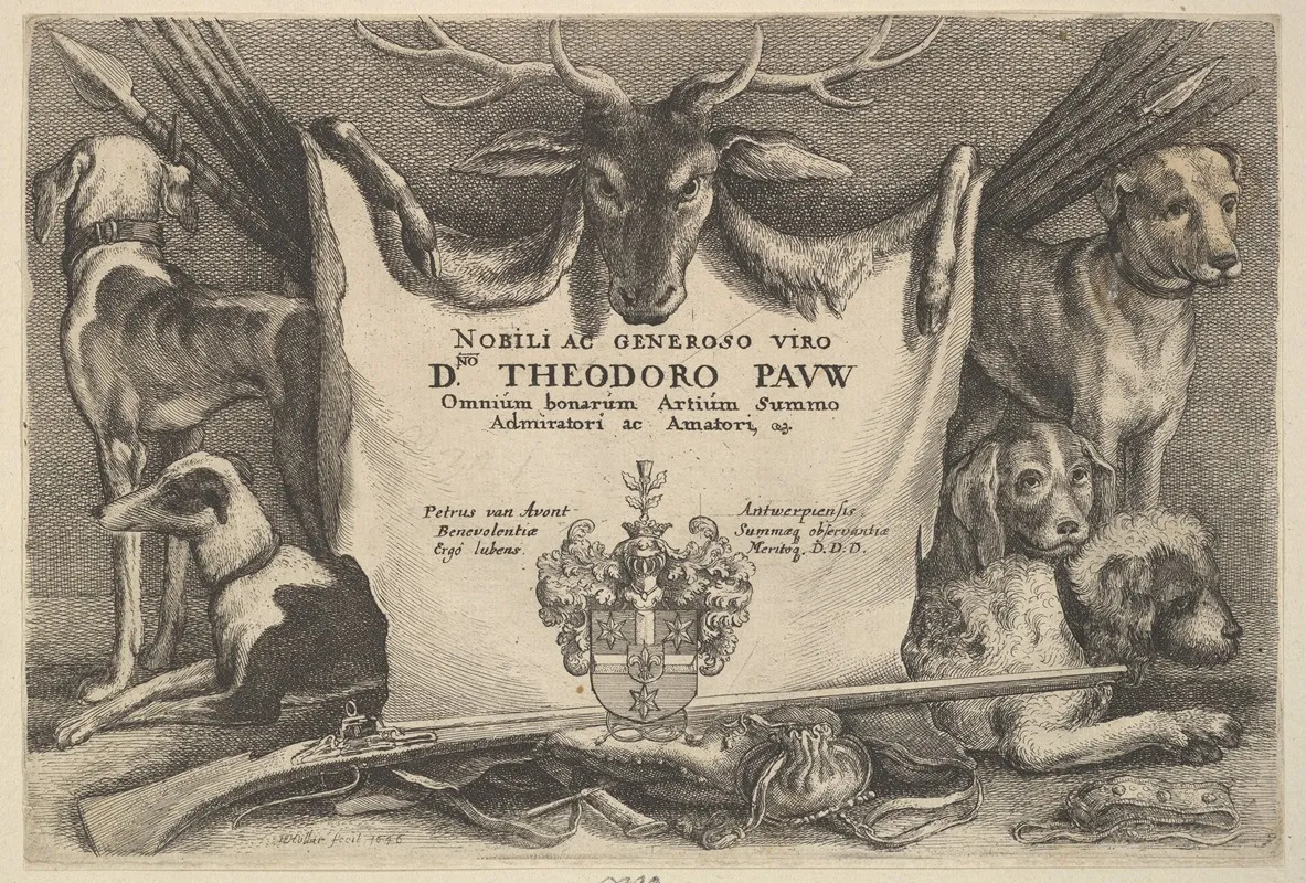 Titlepage With Hounds And Hunting Equipment