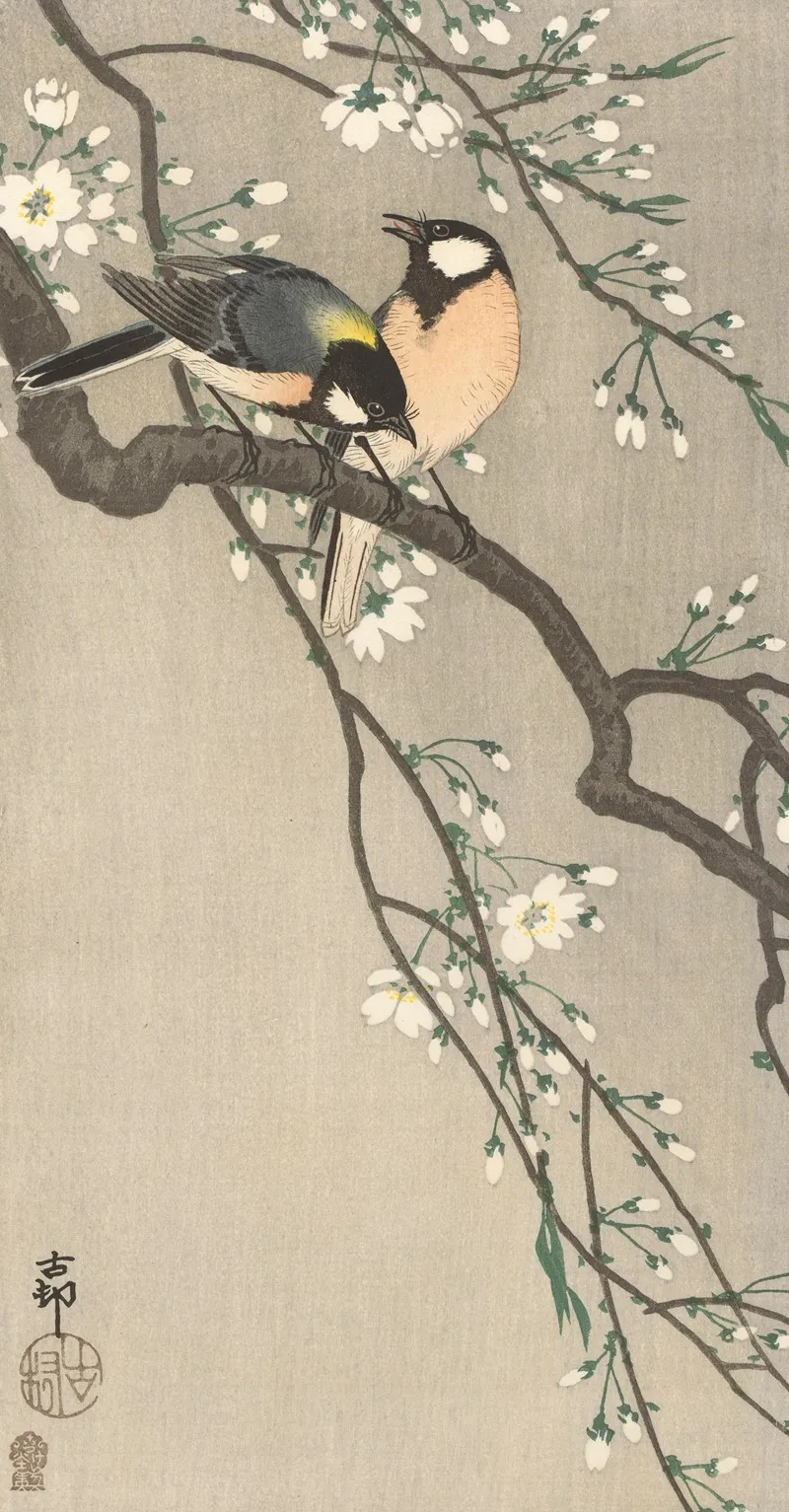 Tits On Cherry Branch Wall Art by Ohara Koson - High-Resolution Digital Print