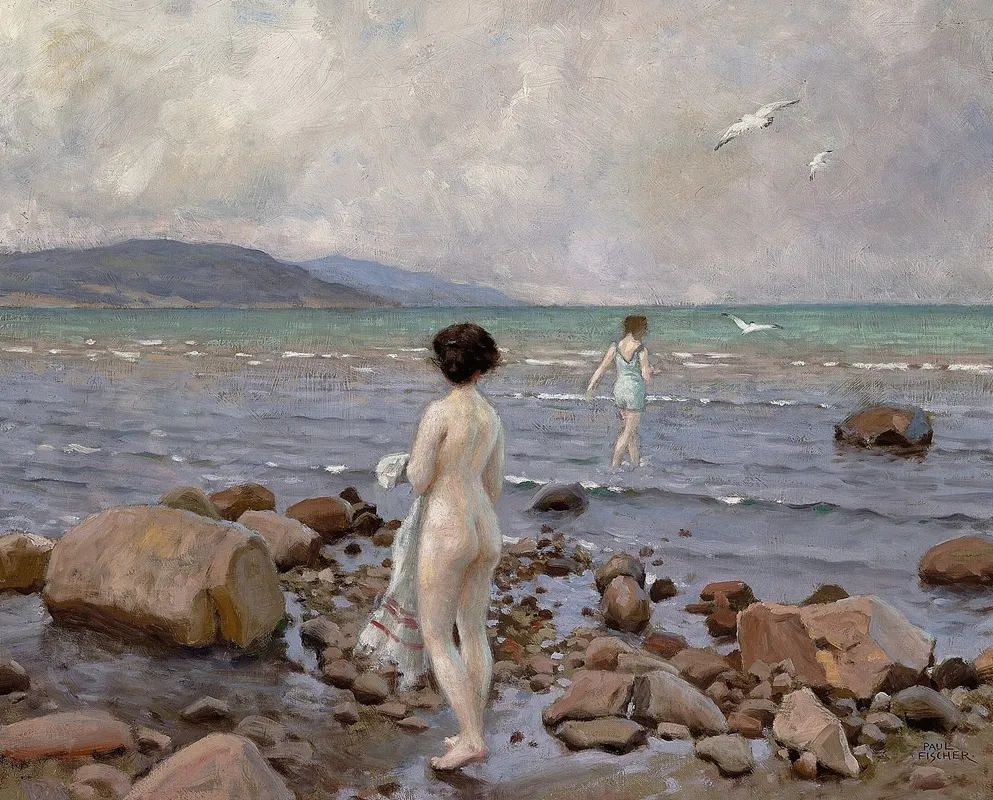 To Badepiger Pa En Stenet Strand Wall Art by Paul Fischer - High-Resolution Digital Print