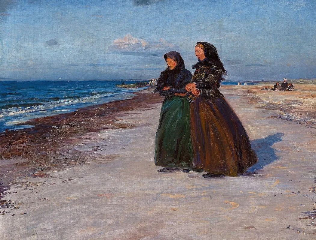 To Fiskerkoner Ved Stranden I Blaesevejr Nordjylland Wall Art by Knud Larsen Bergslien - High-Resolution Digital Print