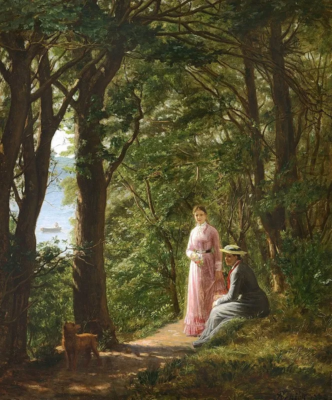 To Kvinder Og En Hund Pa En Skovsti Med Udsigt Mod Havet En Sommerdag Wall Art by August Schiøtt - High-Resolution Digital Print