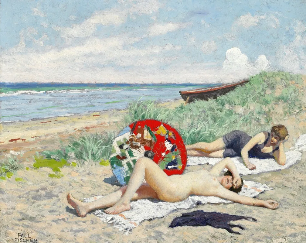 To Piger Og En Japansk Parasol Pa Hornbaek Strand Wall Art by Paul Fischer - High-Resolution Digital Print