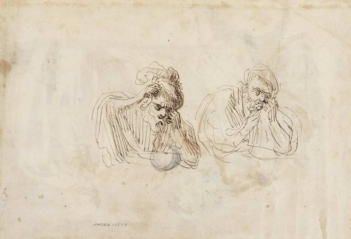 To Studier Til En Grublende Mand Ved Et Bord Wall Art by Michelangelo Merisi da Caravaggio - High-Resolution Digital Print