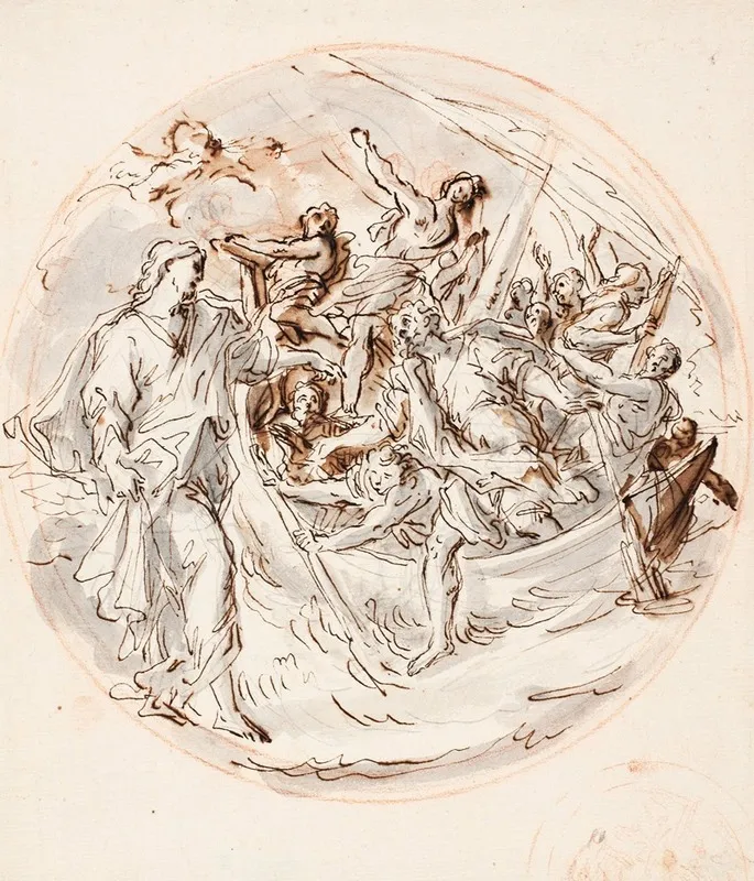 Tondo With Christ Bidding Peter To Walk On The Water And A Fragment Of Smaller Sketch For The Same Wall Art by Angelo De' Rossi - High-Resolution Digital Print