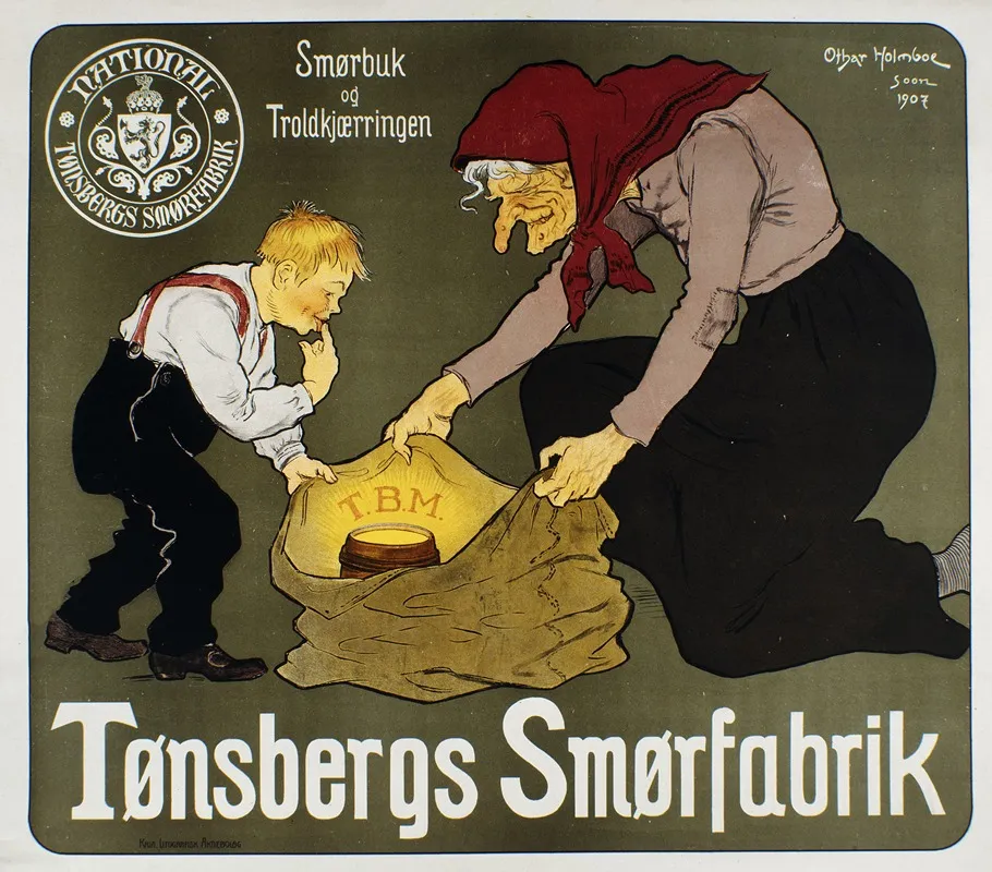 Tonsbergs Smorfabrik Smorbuk Og Troldkjaerringen Wall Art by Othar Holmboe - High-Resolution Digital Print
