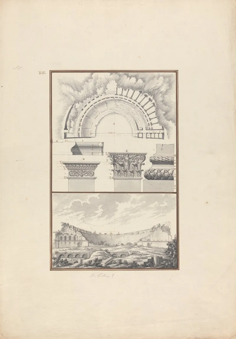 Top Panel Plan Column Details Bottom Panel View Of A Ruined Theater Probably That At Miletus