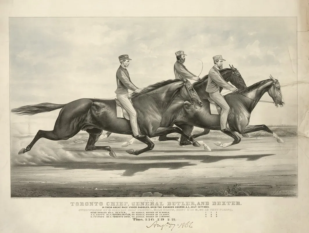 Toronto Chief General Butler And Dexter In Their Great Race Under Saddles Over The Fashion Course L I July 19th 1866 Wall Art by John Cameron - High-Resolution Digital Print