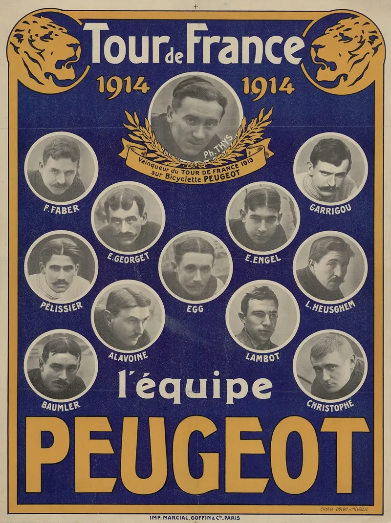 Tour De France 1914 Lequipe Peugeot Wall Art by Louis Meurisse - High-Resolution Digital Print