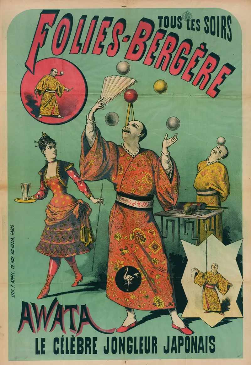 Tous Les Soirs Folies Bergere Awata Le Celebre Jongleur Japonais Wall Art by Lith. F. Appel - High-Resolution Digital Print