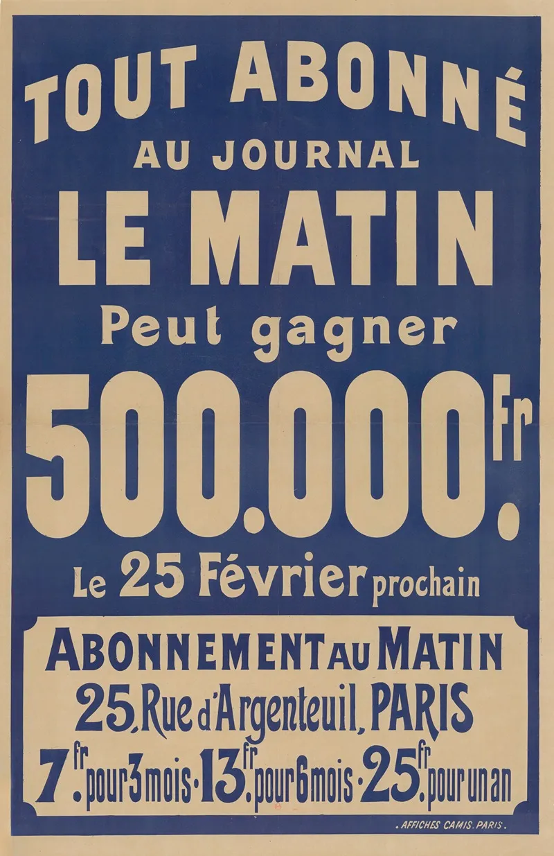 Tout Abonne Au Journal Le Matin Peut Gagner 500 000 Fr Le 25 Fevrier Prochain Wall Art by Imp. Camis - High-Resolution Digital Print