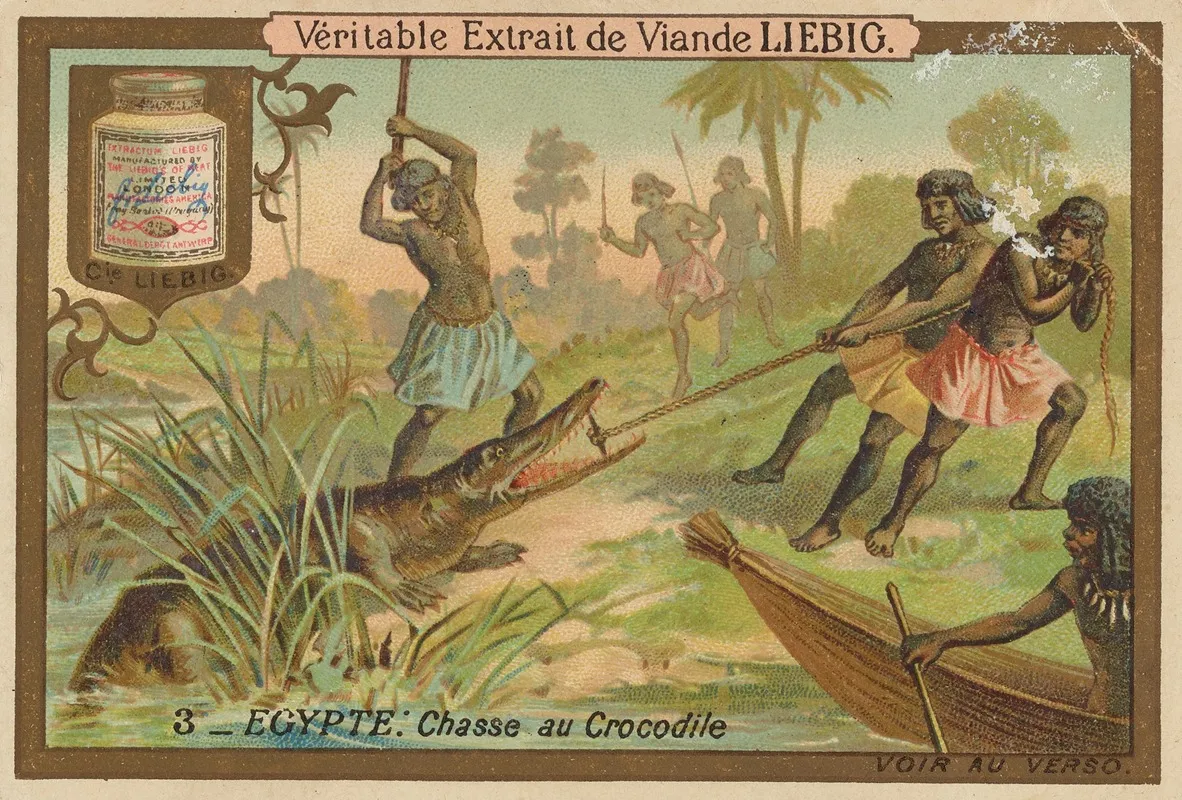 Trade Card For Veritable Extrait De Viande Liebig With Crocodile Chase In Egypt Wall Art by Liebig's Extract of Meat Company - High-Resolution Digital Print
