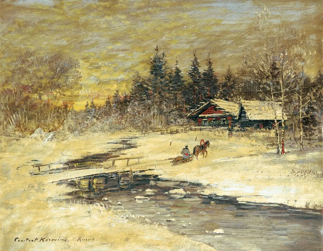 Traineau Passant Sur Un Pont Au Soleil Couchant