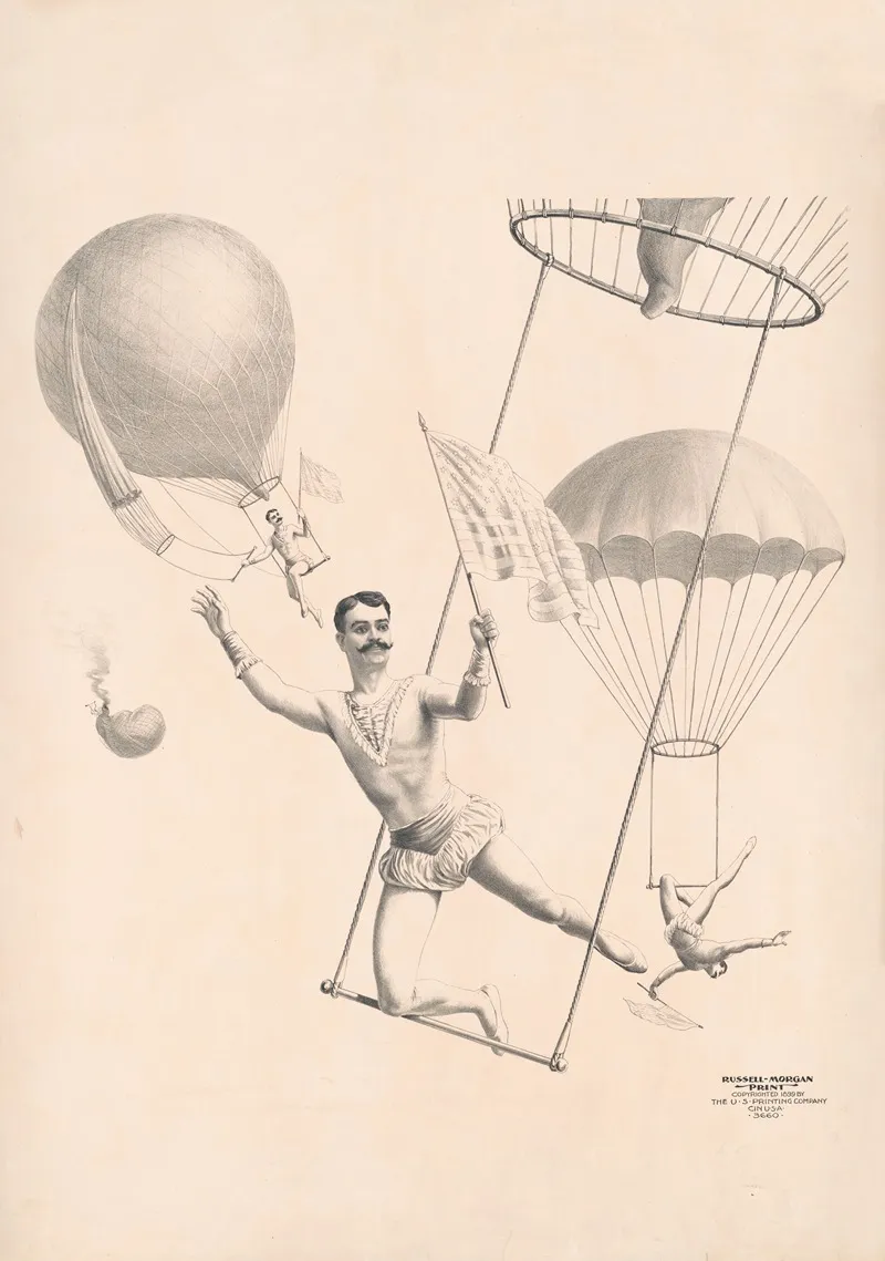 Trapeze Artists Flying From Balloons Wall Art by Russell, Morgan &amp; Co. - High-Resolution Digital Print