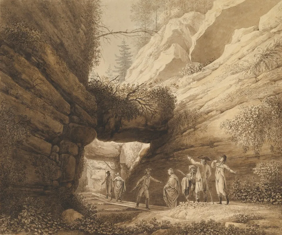 Travelers At The Rock Arch In The Limestone Mountains Of The River Elbe Wall Art by Johann Moritz Gottfried Jentzsch - High-Resolution Digital Print
