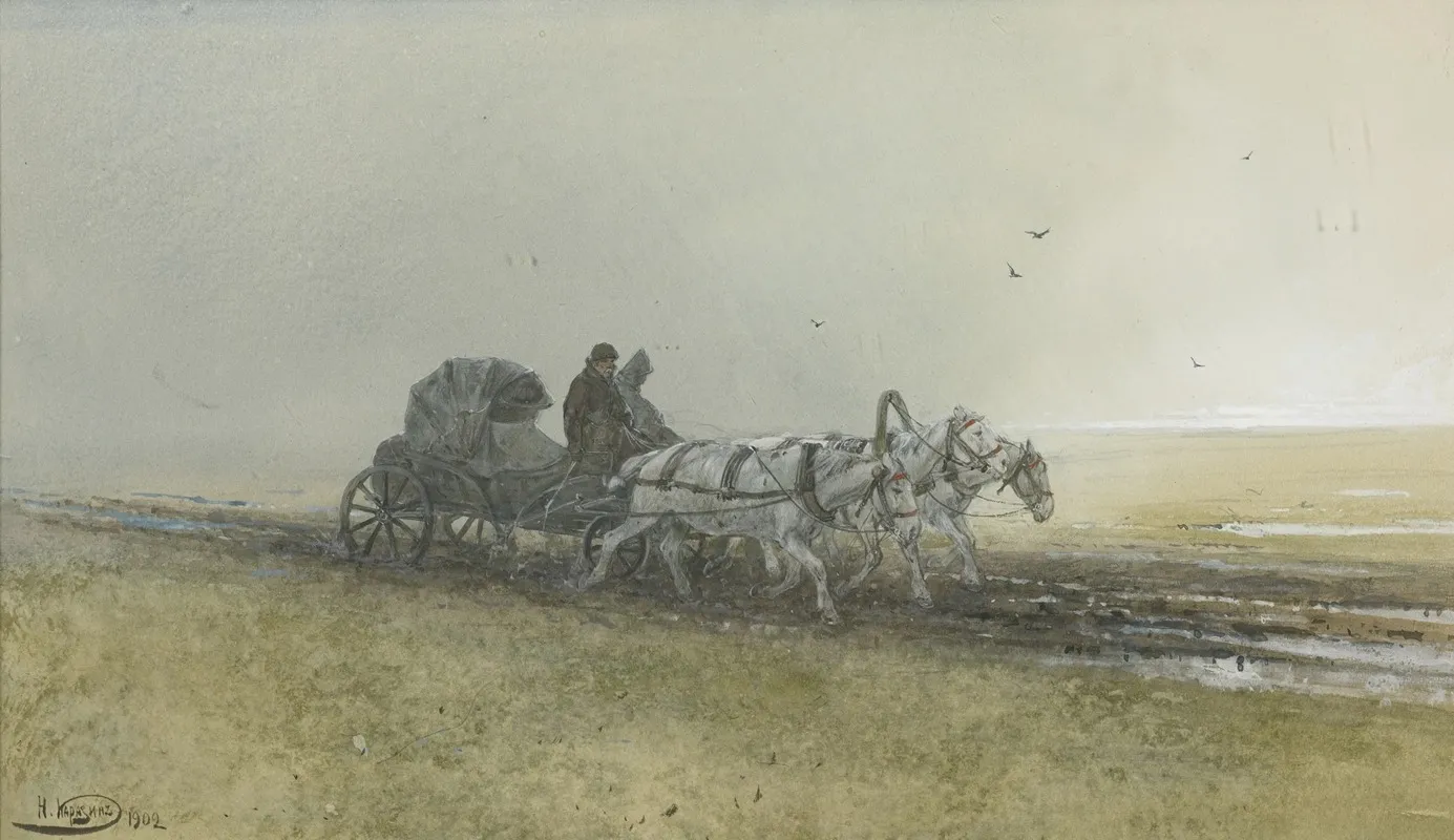 Travelers Driving A Troika After The Rain Wall Art by Nikolai Nikolaevich Karazin - High-Resolution Digital Print
