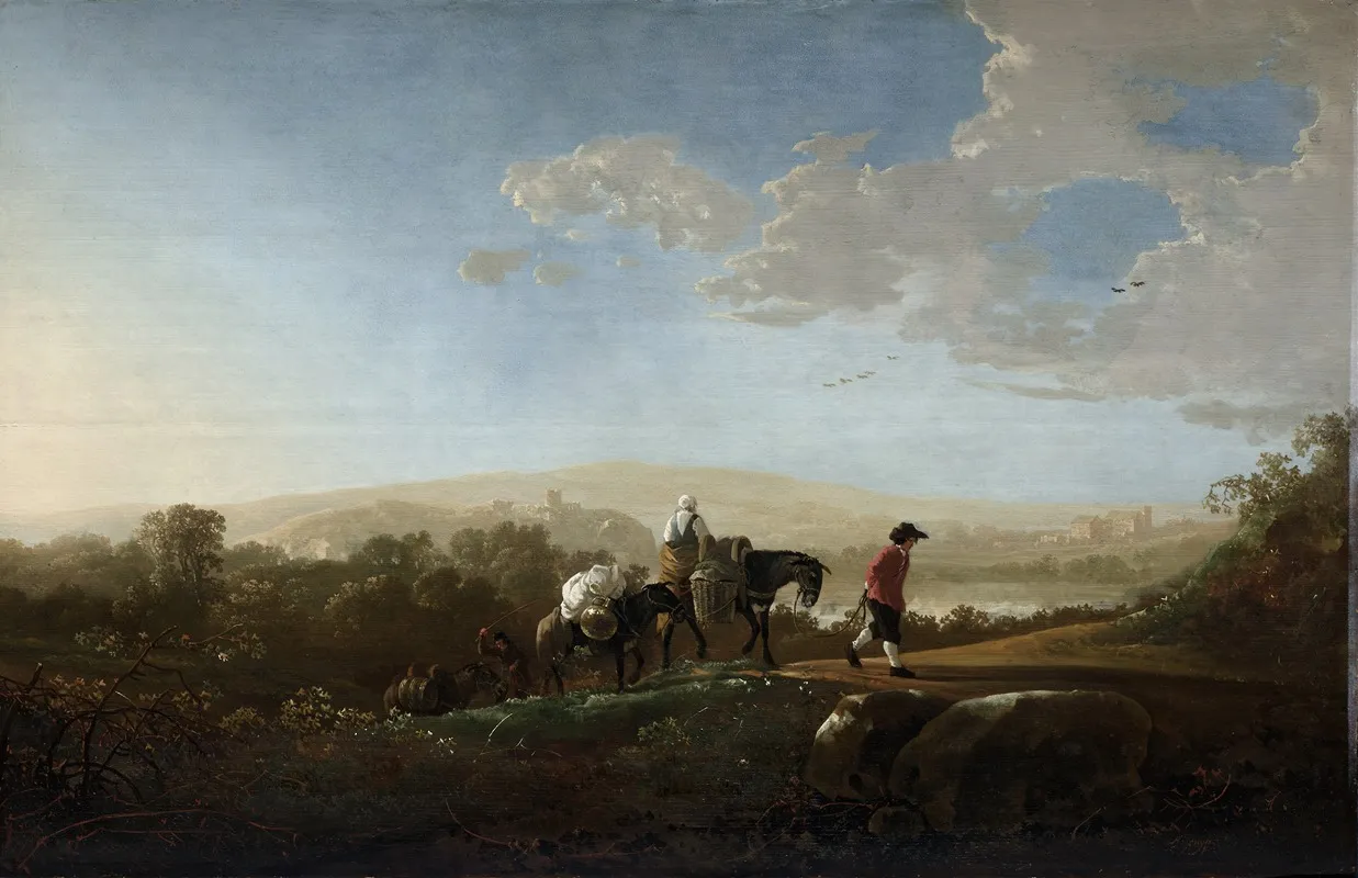 Travelers In Hilly Countryside Wall Art by Aelbert Cuyp - High-Resolution Digital Print