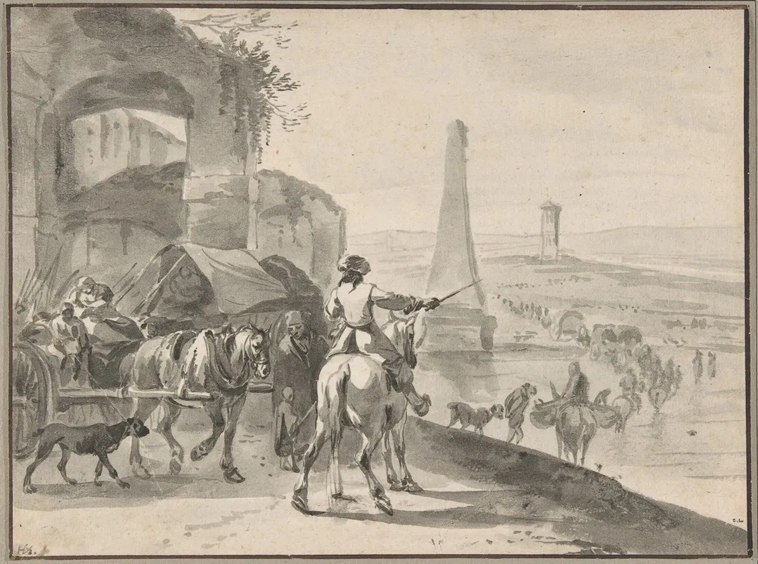 Travellers And Wagons Fording A River In A Southern Landscape Wall Art by Hendrik Verschuring - High-Resolution Digital Print