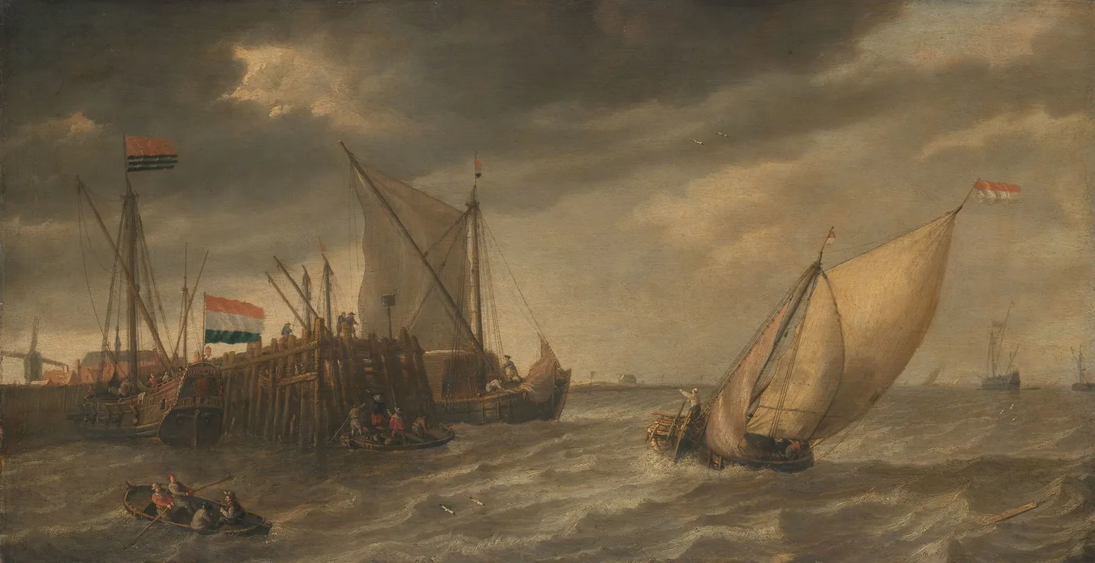 Travellers Disembarking At A Jetty On The Scheldt In Strong Winds