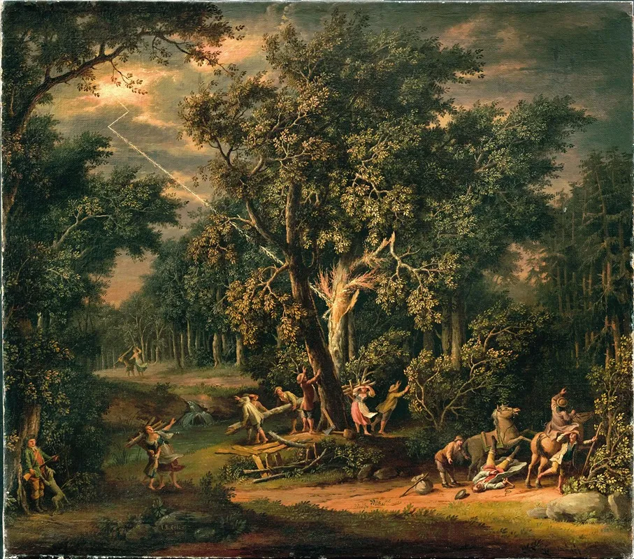 Travellers In A Nocturnal Landscape With Lightning Wall Art by Giovanni Battista Innocenzo Colombo - High-Resolution Digital Print