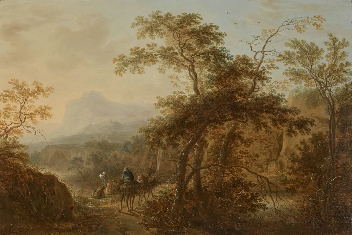 Travellers On A Wooded Path By A River And Bathers In A Mountainous Landscape