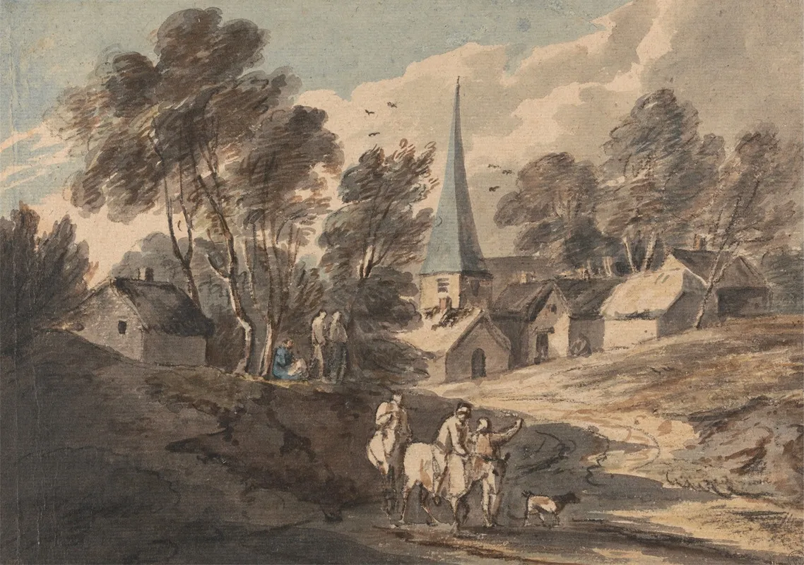 Travellers On Horseback Approaching A Village With A Spire Wall Art by Thomas Gainsborough - High-Resolution Digital Print