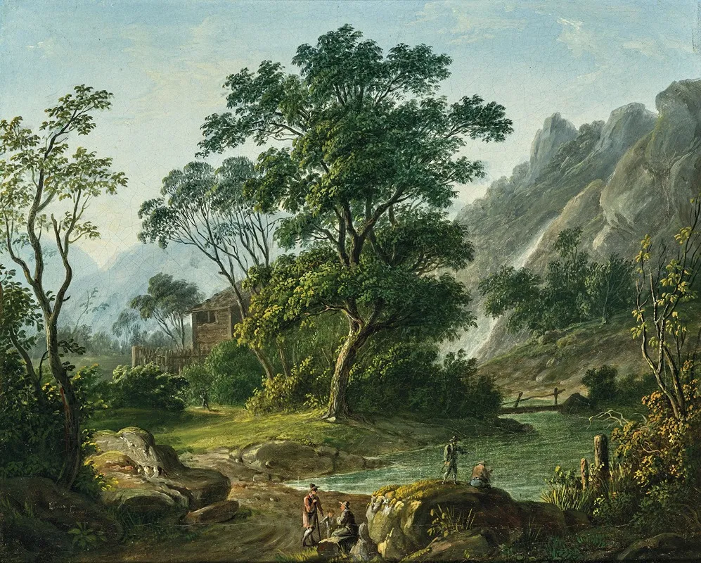 Travellers Resting Near A Mountain Lake