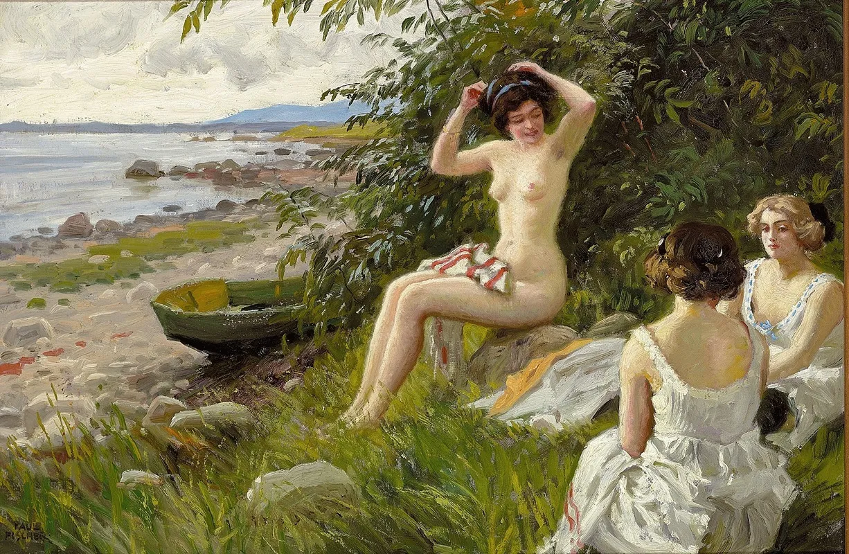 Tre Badepiger I Strandkanten Wall Art by Paul Fischer - High-Resolution Digital Print