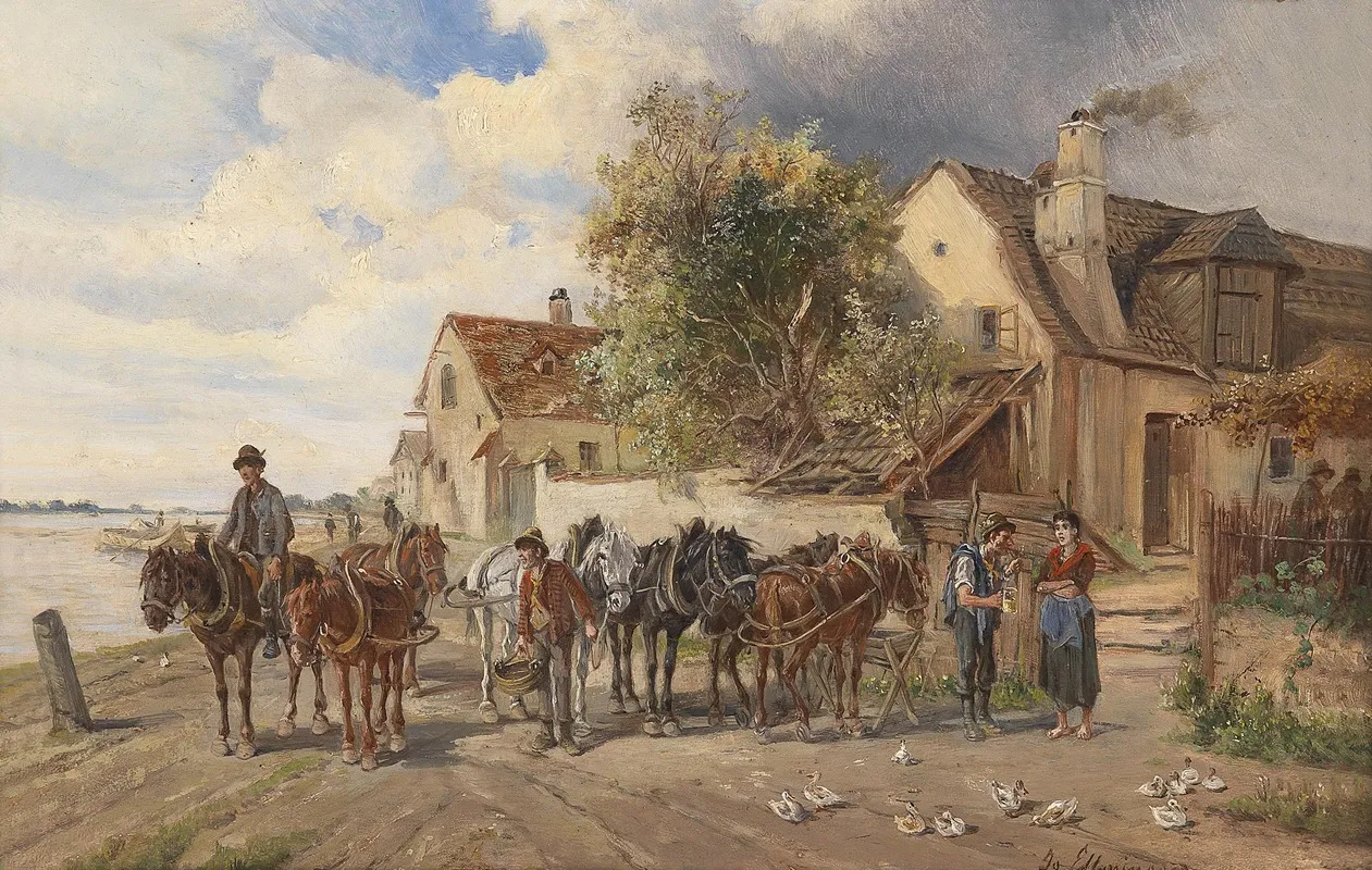 Treidelpferde Am Flussufer Wall Art by Ignaz Ellminger - High-Resolution Digital Print