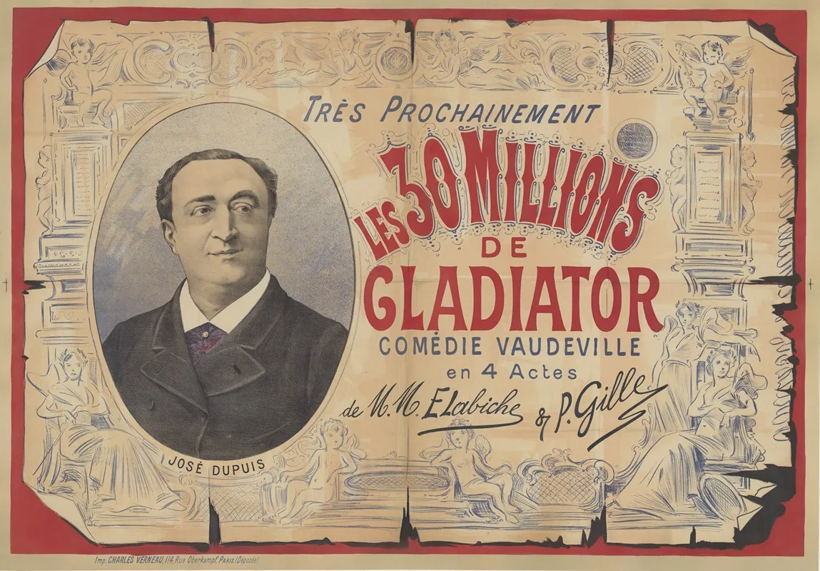Tres Prochainement Les 30 Millions De Gladiator Comedie Vaudeville En 4 Actes De M M E Labiche P Gille Wall Art by Imp. Charles Verneau - High-Resolution Digital Print