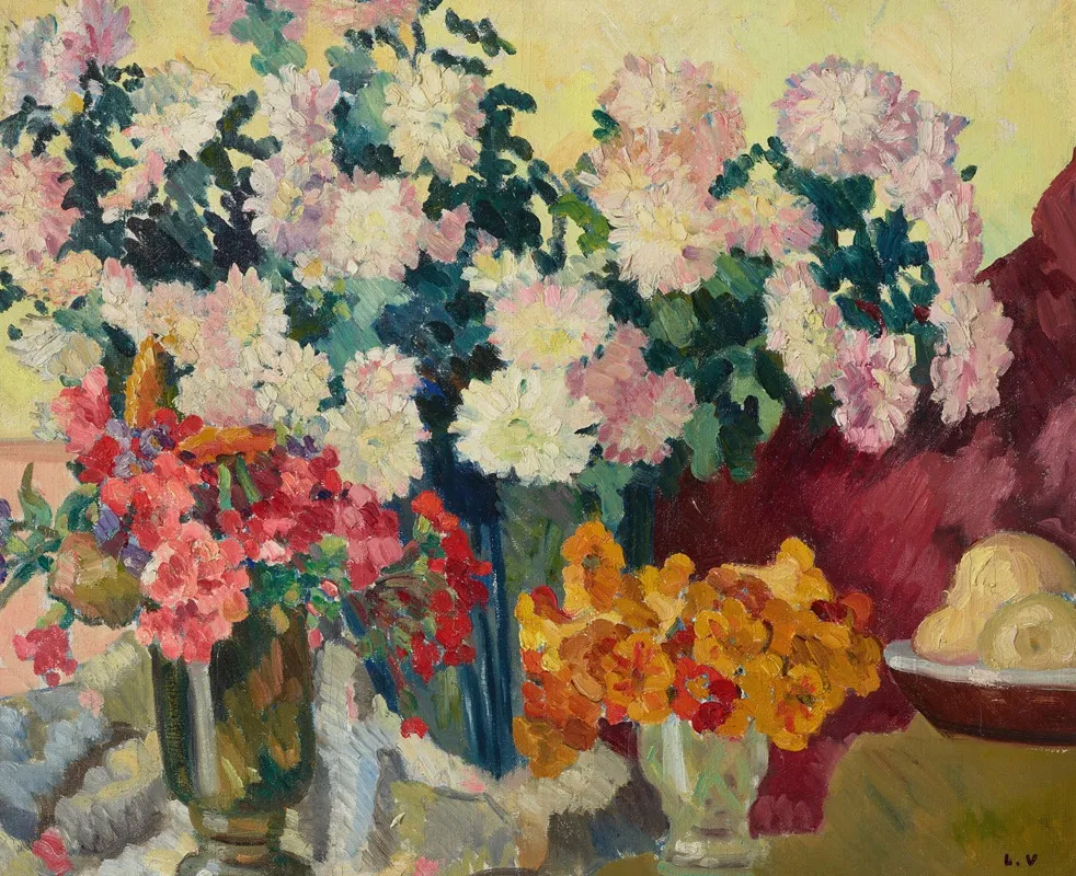 Trois Vases De Fleurs Assiette De Pommes Wall Art by Louis Valtat - High-Resolution Digital Print