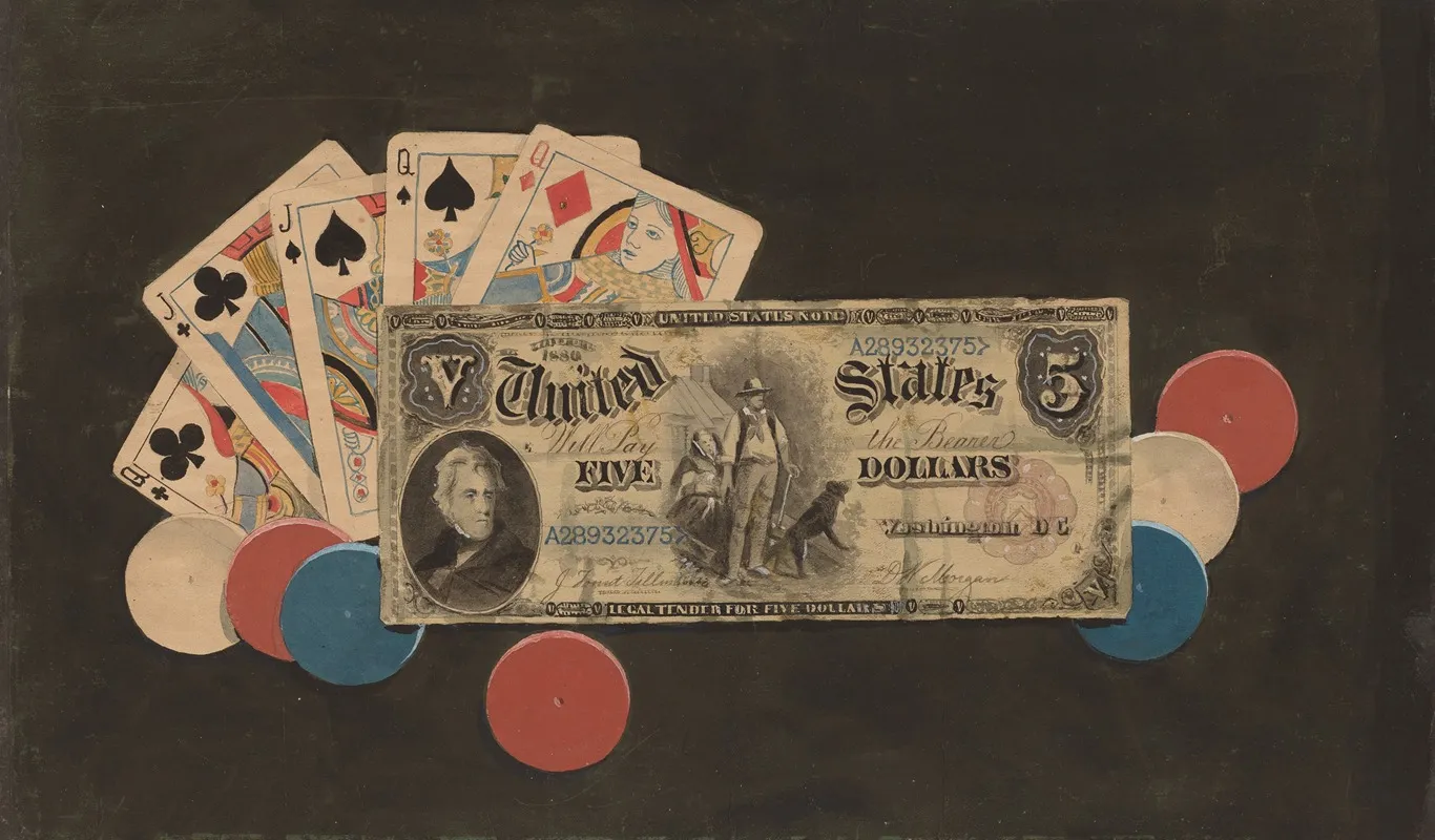 Trompe Loeil A Full House With Chips And A 5 Bill